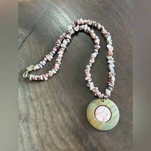 One Of A Kind Handmade Pink White Puka Shell Chip Bead Wood Necklace Made By Me!